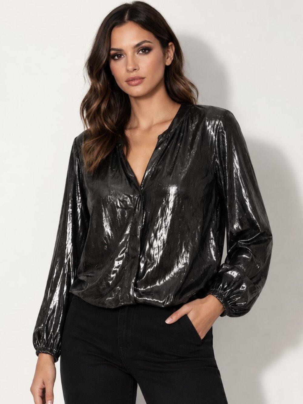 Guess Black Metallic Long Sleeve Blouse Shiny Draped Party Evening Top Large